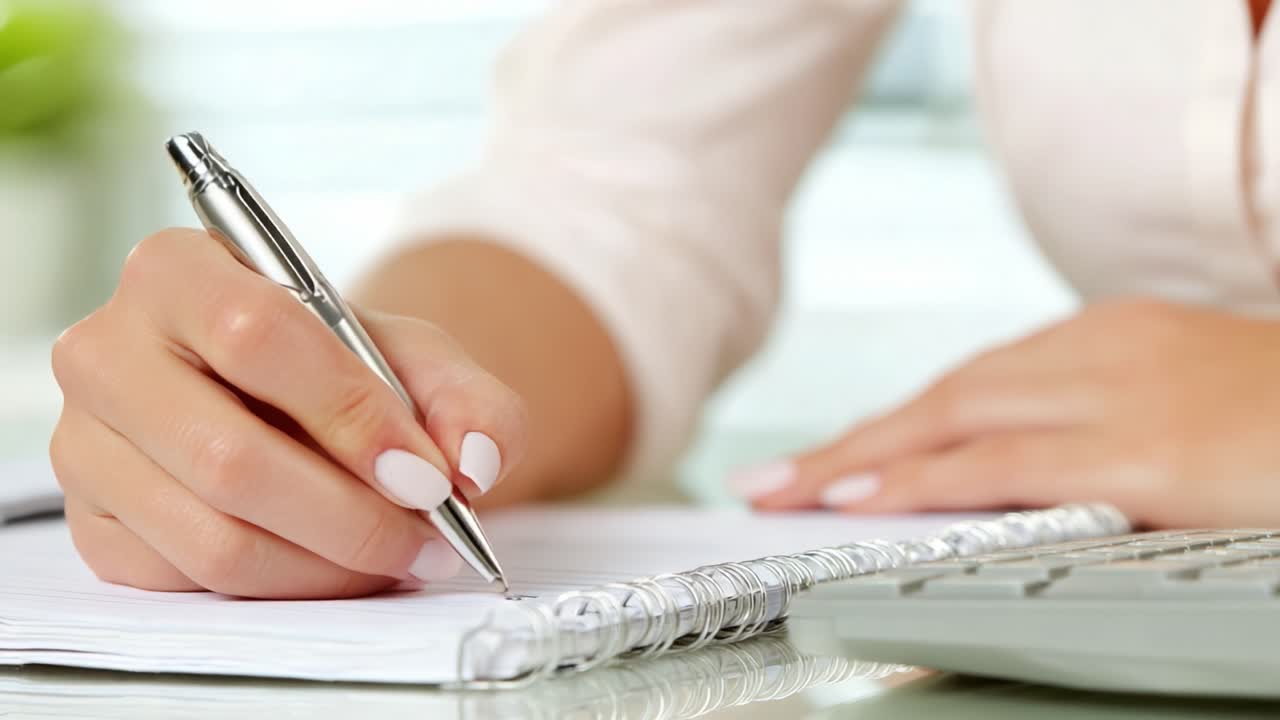 A close-up view of a person's hand thoughtfully writing notes with a pen on spiral-bound paper, while a computer keyboard is subtly visible in the foreground