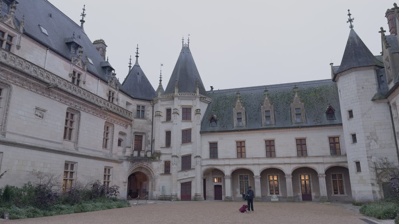 Beautiful view of Chaumont-sur-Loire castle courtyard at dusk with intricate historic architecture