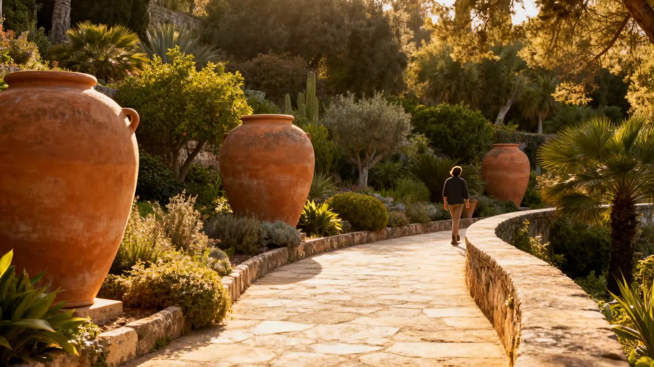L'inquadratura iniziale mostra un uomo che passa accanto a un'urna di argilla, percorrendo un sentiero di pietre curvo verso alberi lontani per uscire.