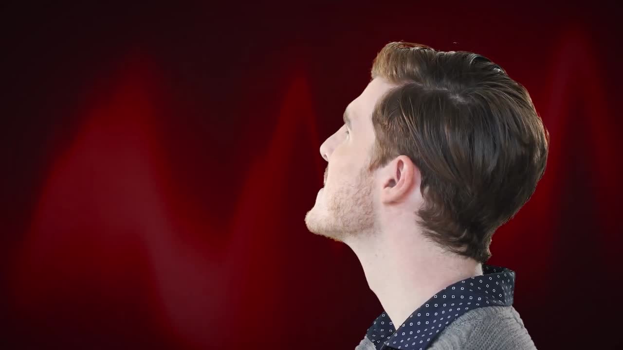 궁금하고 당황한 남자가 어두운 빨간색 배경에서 주위를 둘러보고 있는 애니메이션