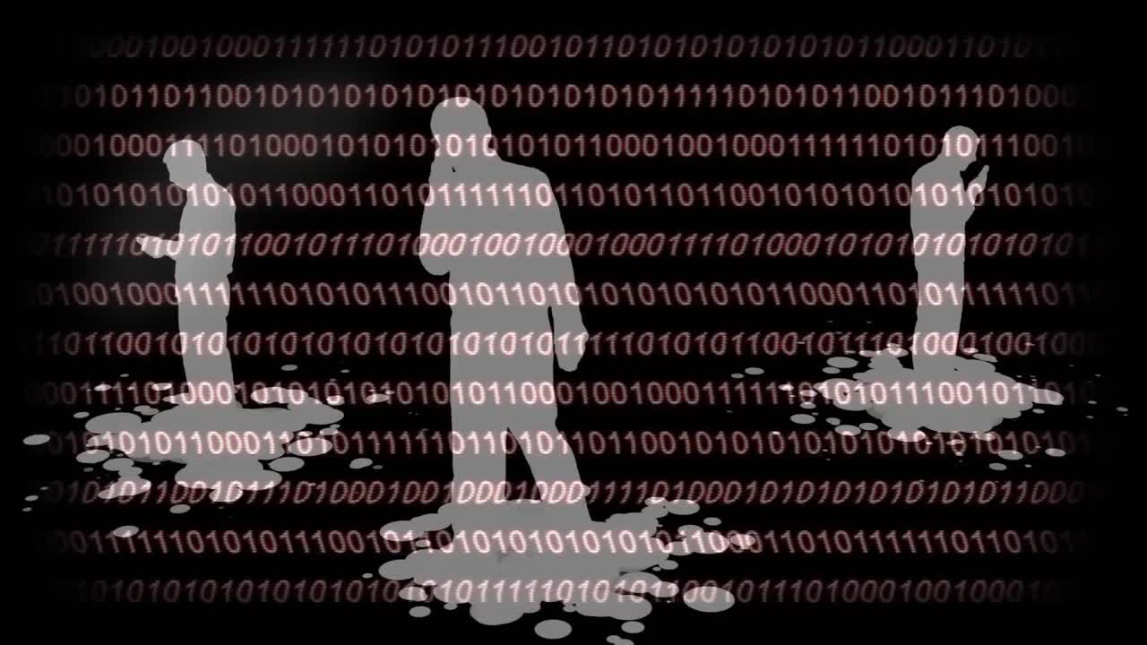 siluetas usando su teléfono móvil con un fondo de código binario