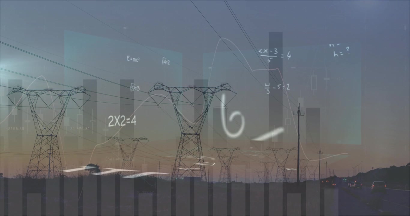 Electricity Transmission Towers with Digital Data Overlays and Mathematical Equations