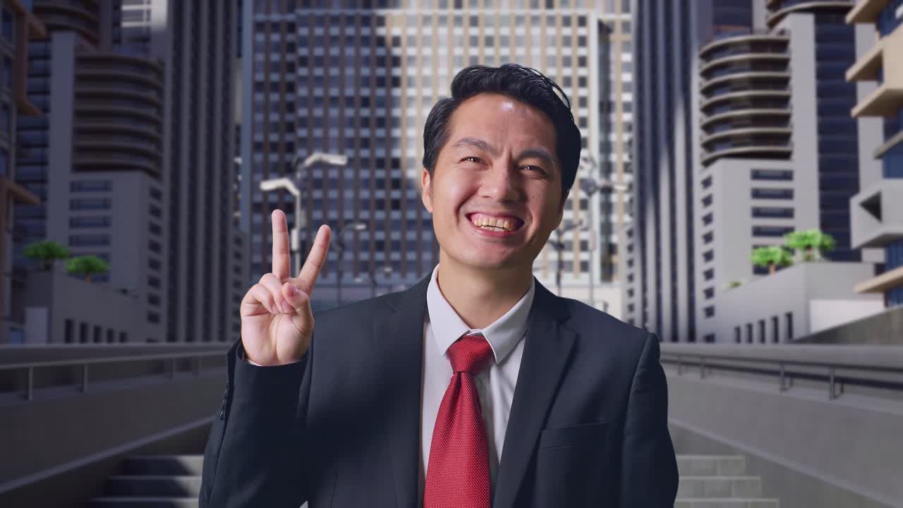 도시 에서 서 있는 동안 평화 로운 몸짓 과 미소 를 보이는 아시아 의 사업가