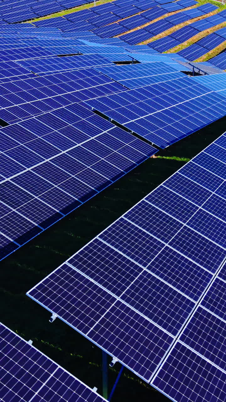 Fitta schiera di pannelli solari che mostra texture blu e un motivo a griglia in una giornata luminosa. Vasto campo di pannelli solari fotovoltaici blu. Video verticale