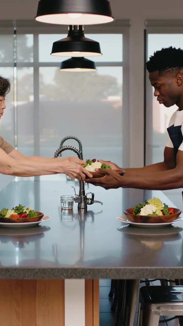 Vertical video: Reaching mother, son in apron passing wooden salad bowls across island for dinner
