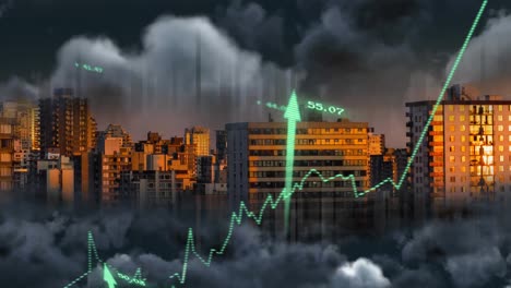 animación del procesamiento de datos financieros con gráfico y flechas sobre el paisaje urbano