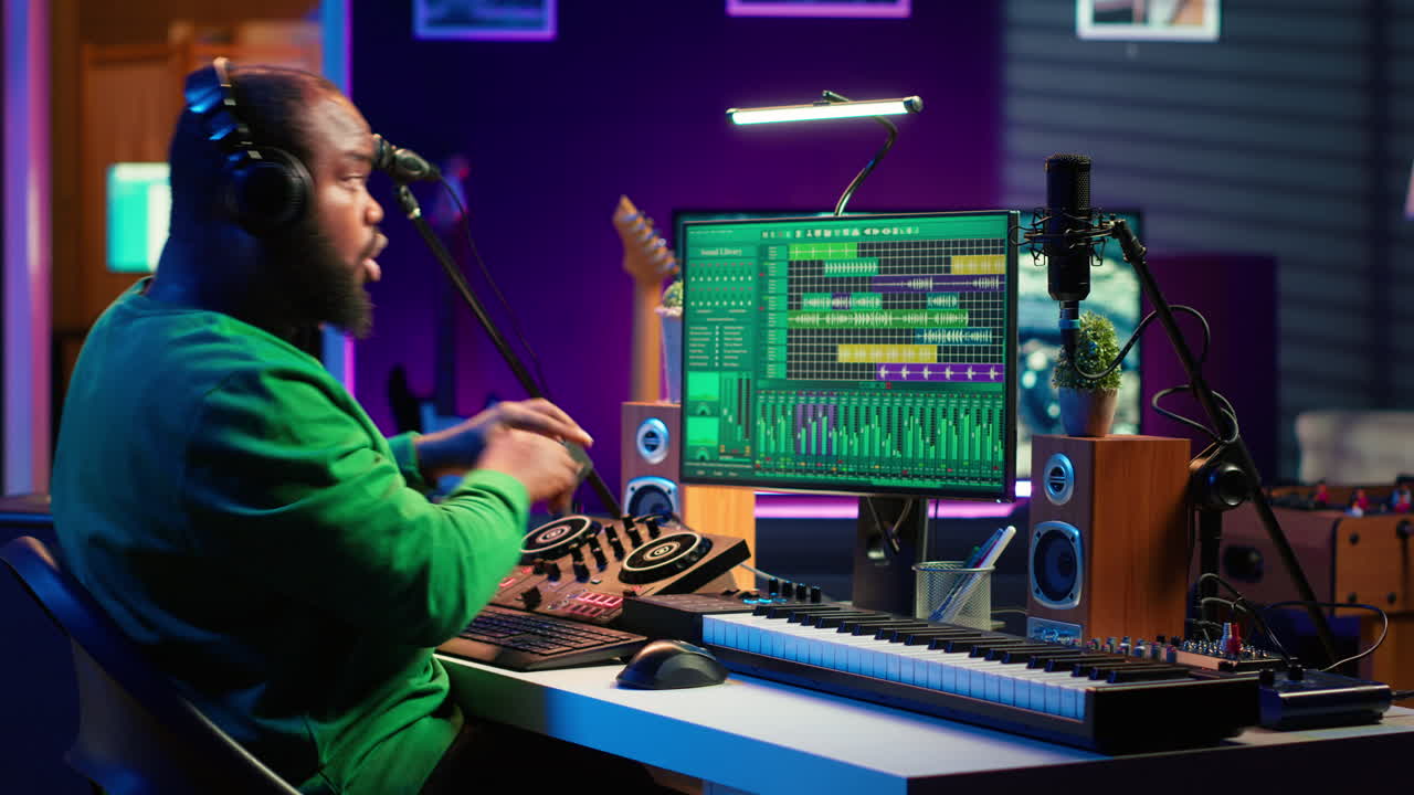 compositor de música confiado mezclando sonidos en software de audio digital