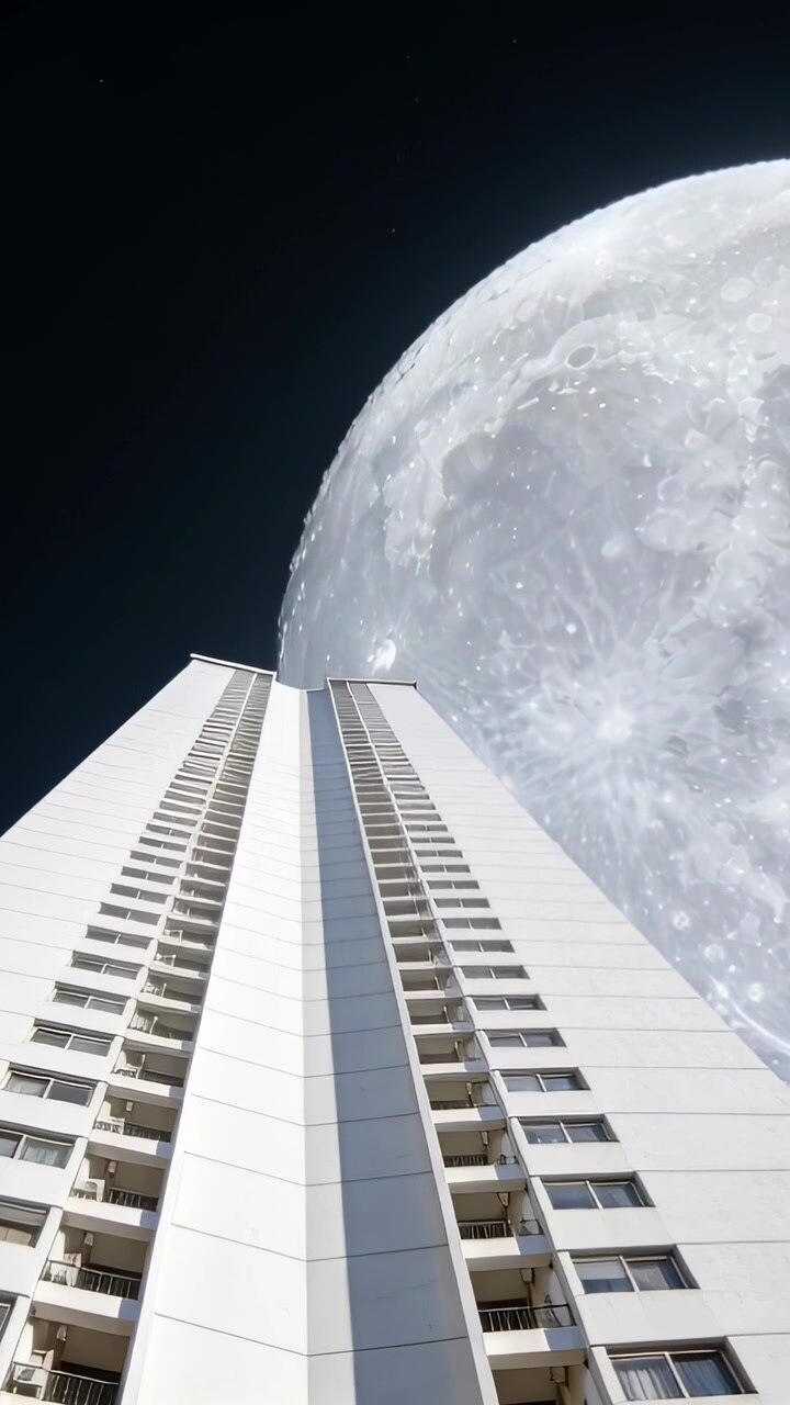 Video vertical: Cámara inclinándose mostrando un rascacielos blanco elevándose hacia el cielo nocturno para revelar una luna grande.