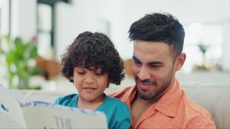 dad, son and book for reading on sofa