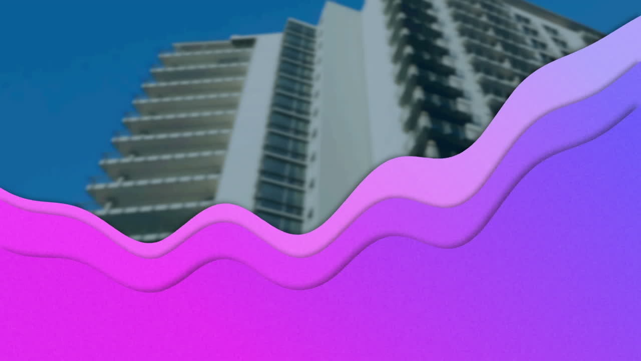 animación de la ola púrpura moviéndose sobre un moderno edificio de oficinas