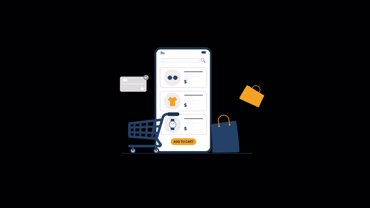 Illustrazione animata di shopping online su un'app per smartphone