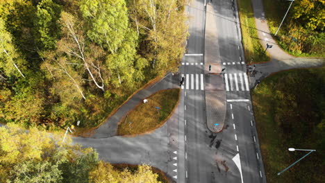 top down view countryside road with cars passing by and pedestrians on crosswalk, forest vegetation