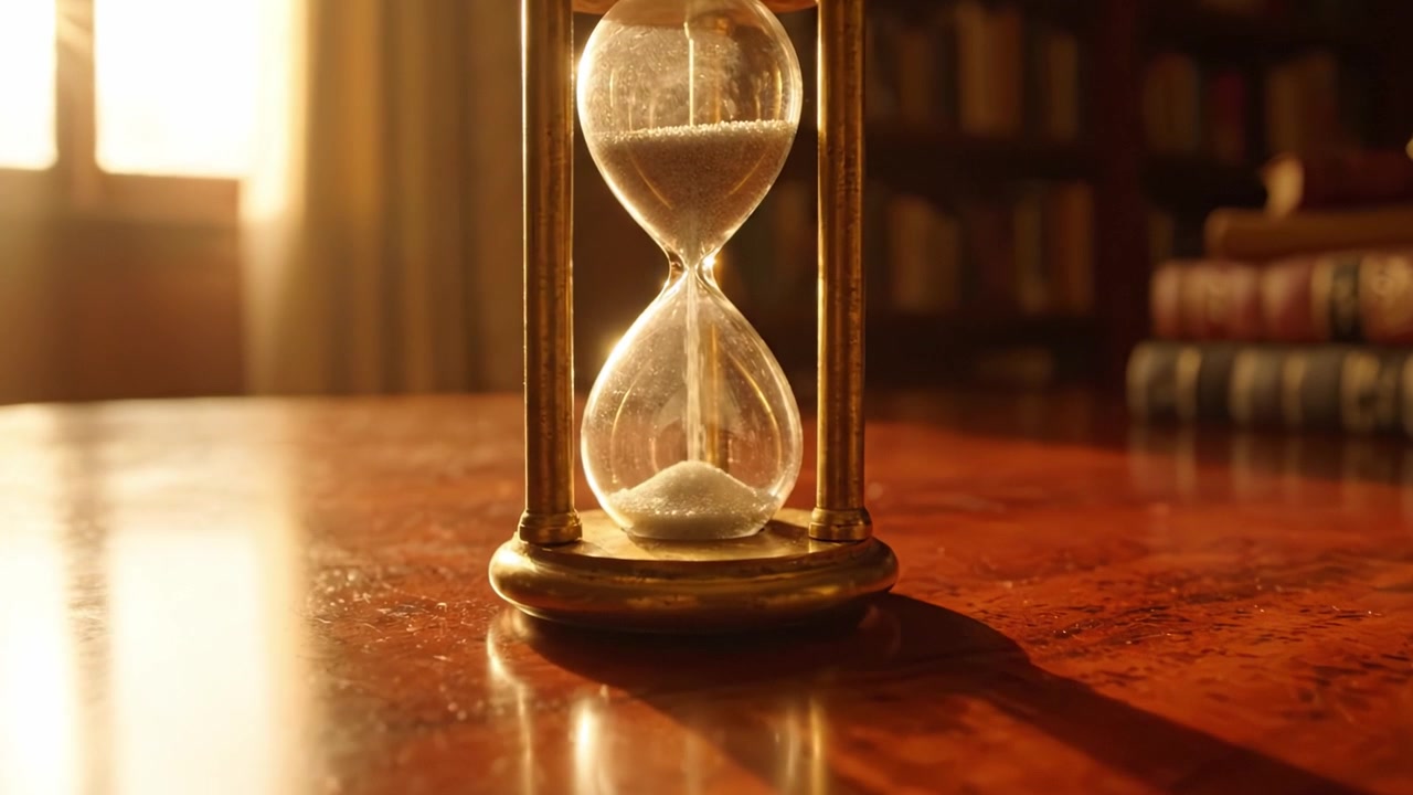 Una vista ravvicinata di un'elegante clessidra che misura il tempo con grazia in una stanza illuminata calorosamente, simboleggiando il passare del tempo e la sua natura effimera