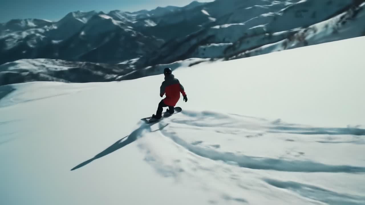 A Snowboarder Gliding Gracefully Through Untouched Powder on a Majestic Mountain Range Under Clear Blue Skies, Embracing the Spirit of Winter Adventure