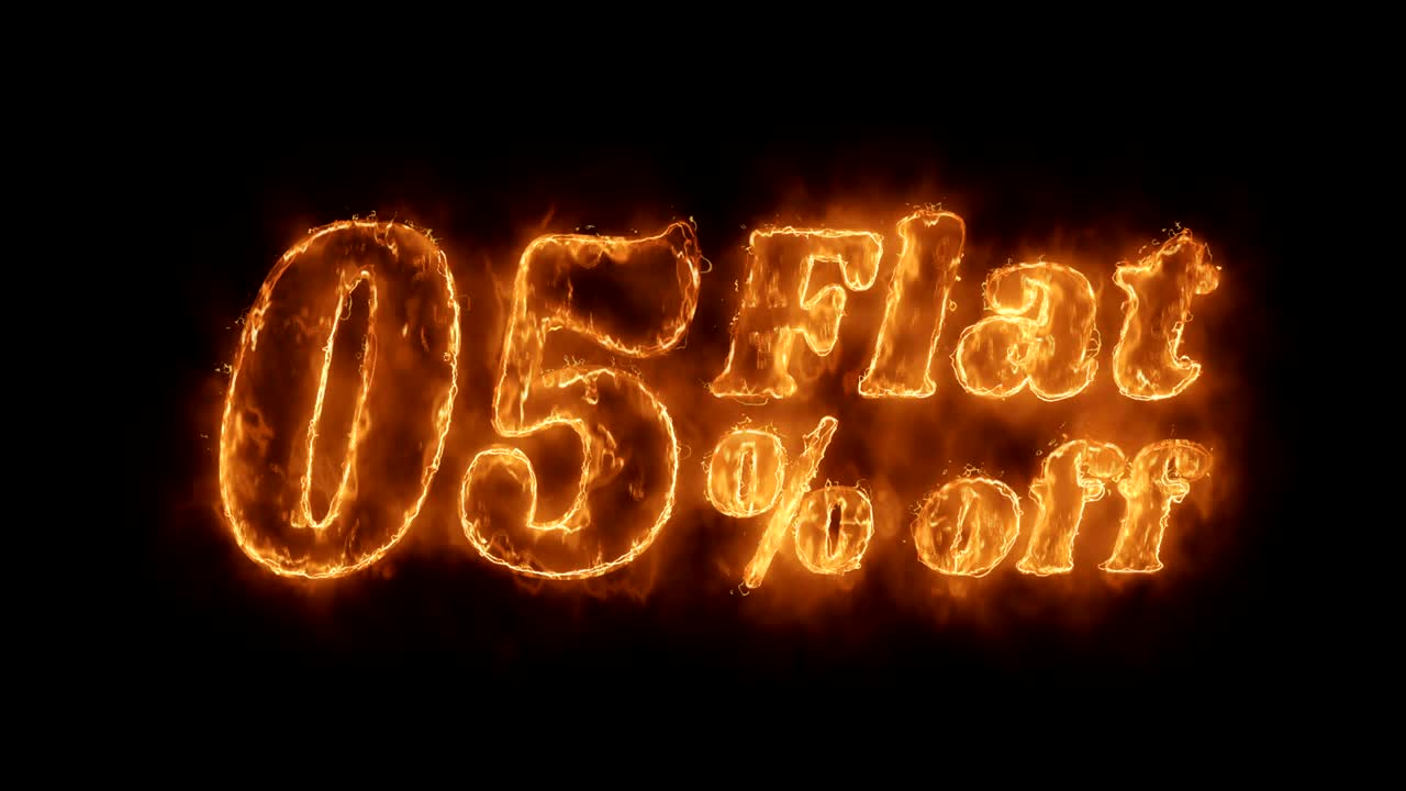 Flat 05% Percent Off Word Hot Animated Burning Realistic Fire Flame Loop.