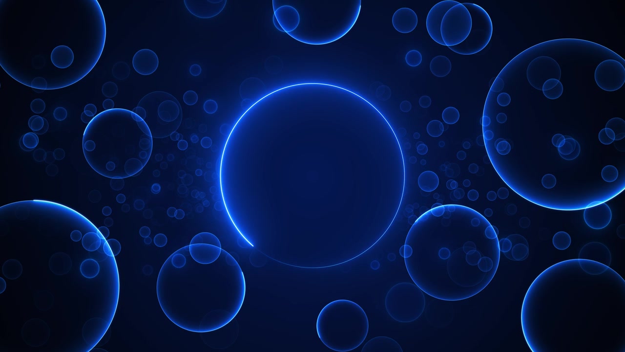 Fondo de burbujas azules brillantes con esferas transparentes flotantes, luz de contorno de neón y profundidad oscura suave.