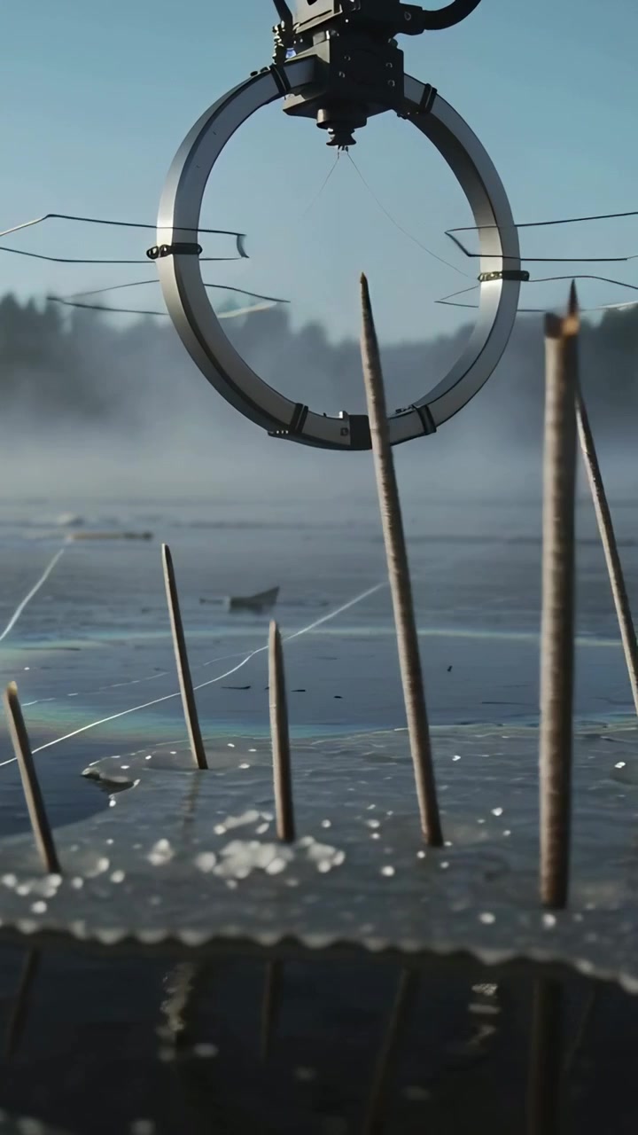 Vertical video: Shifting camera showing metal ring rotating over ice, framing reed stakes