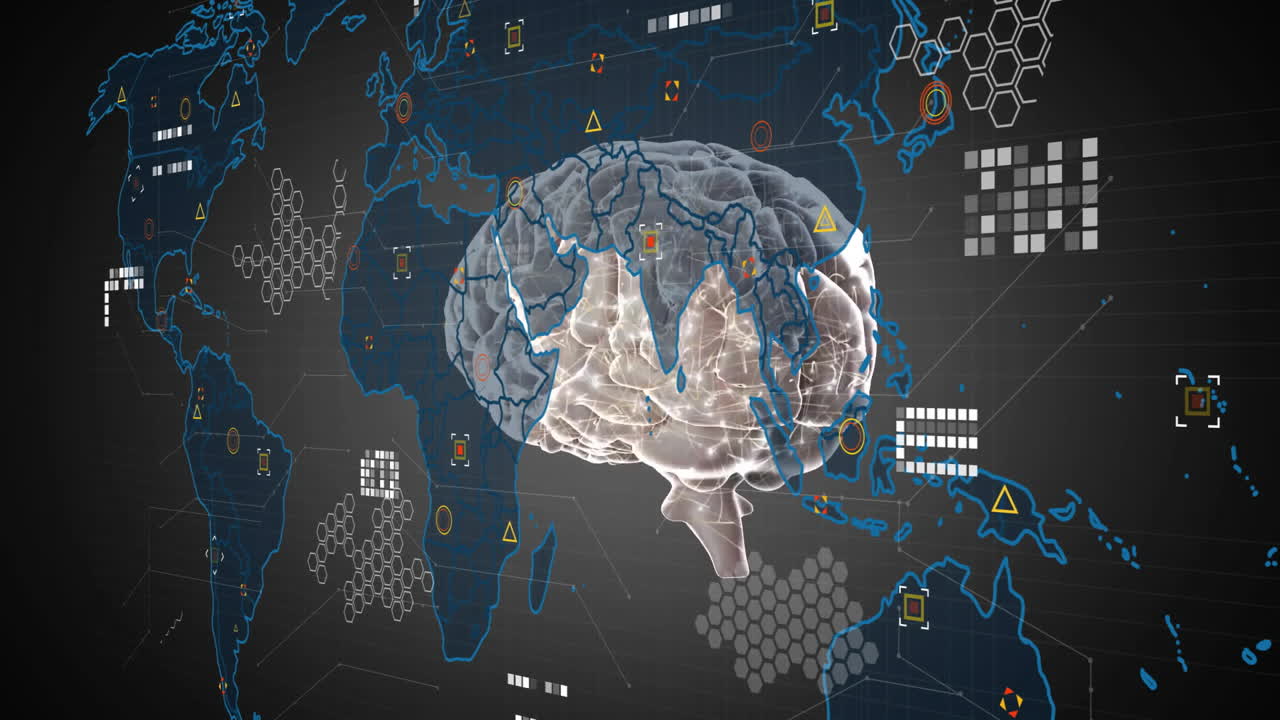 Animation of brain with digital data and network connections over world map