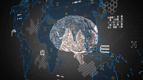 animation of brain with digital data and network connections over world map