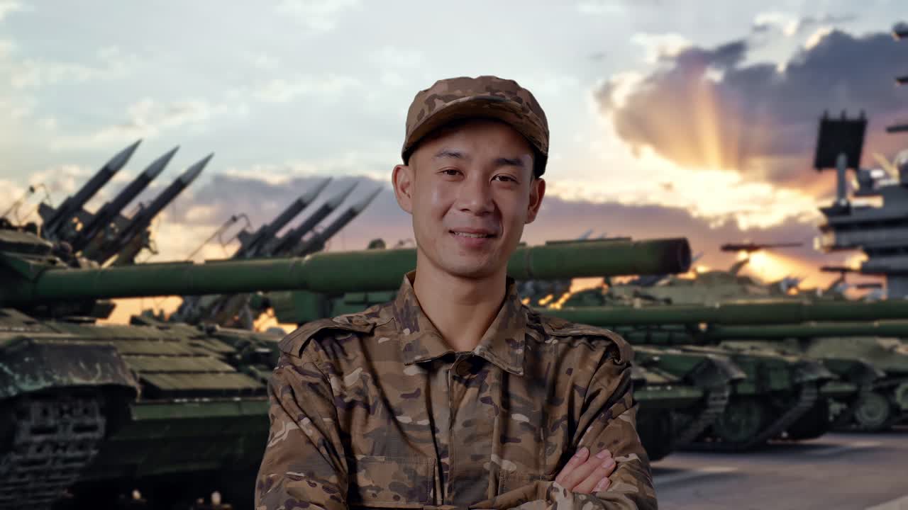 Primer plano de un soldado asiático sonriendo y cruzado de brazos mientras está de pie junto a un tanque