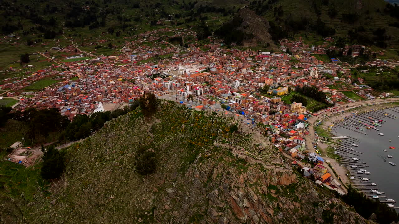 Cerro Calvario steep hill and popular hike in Copacabana, Bolivia. Drone riser