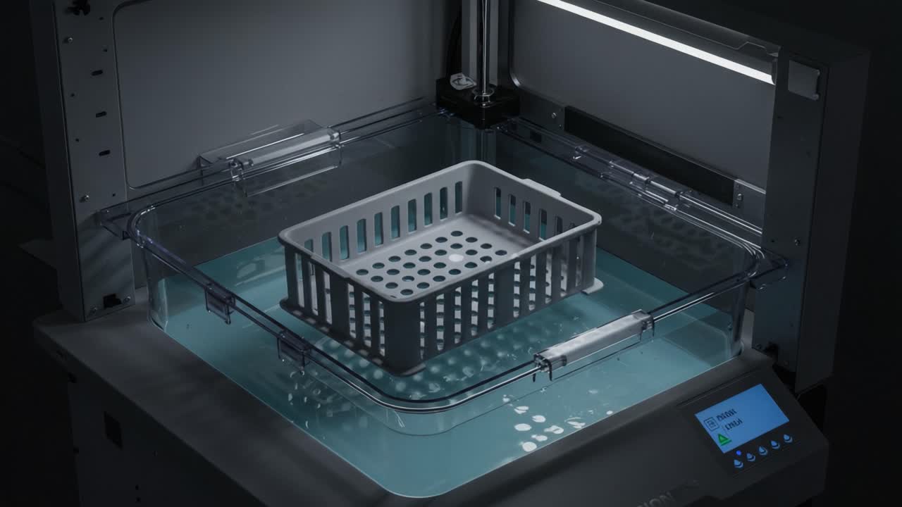 A High-Tech 3D Printing Setup Showcasing a Specialized Basket Within a Transparent Chamber, Captured in Two Distinct Frames for Advanced Manufacturing Visualization