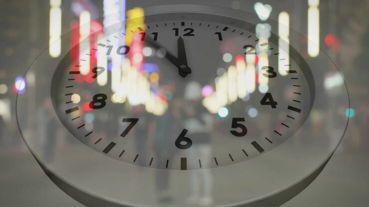 Foreground clock ticking, advancing hands over neon tech street while two walking, showing time