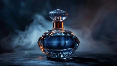 dark blue perfume bottle with smoke