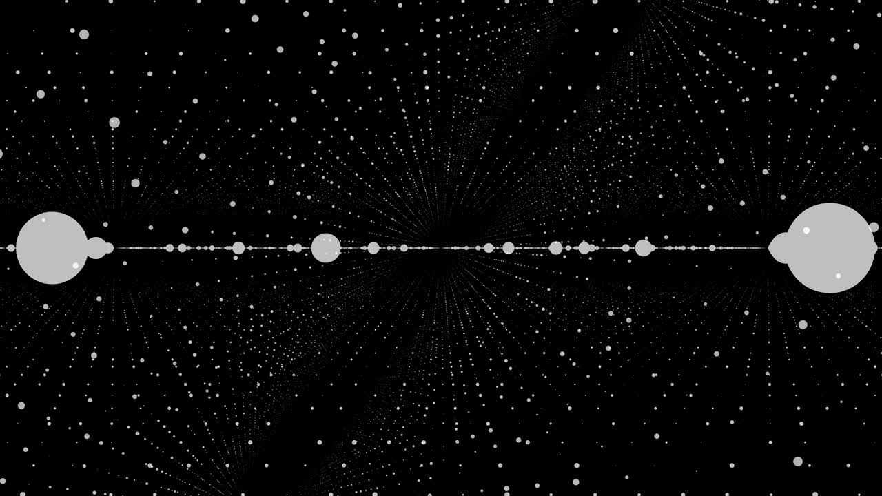3d pequeñas partículas blancas en muchas líneas de movimiento en fondo negro, bucle sin costuras. animación. hermosa nube de galaxia espacial, volando en los círculos de movimiento ordenado, monocromático