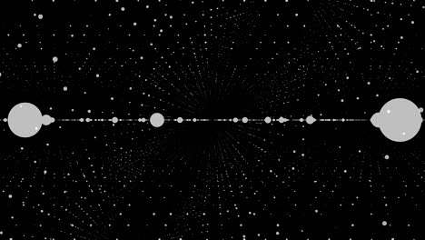 3d white small particles in many mooving lines on black background, seamless loop. animation. beautiful cloud of space galaxy, flying in the orderly movement circles, monochrome