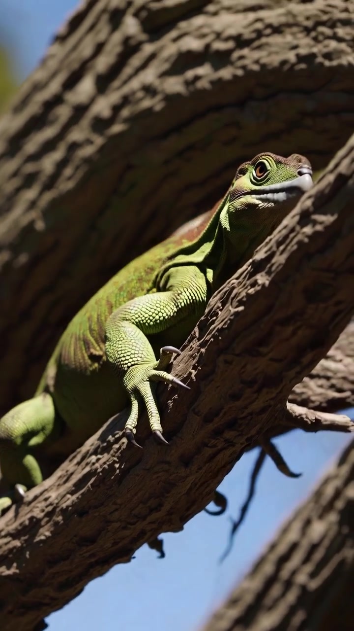 Iguana verde che si arrampica su un ramo d'albero in una foresta
