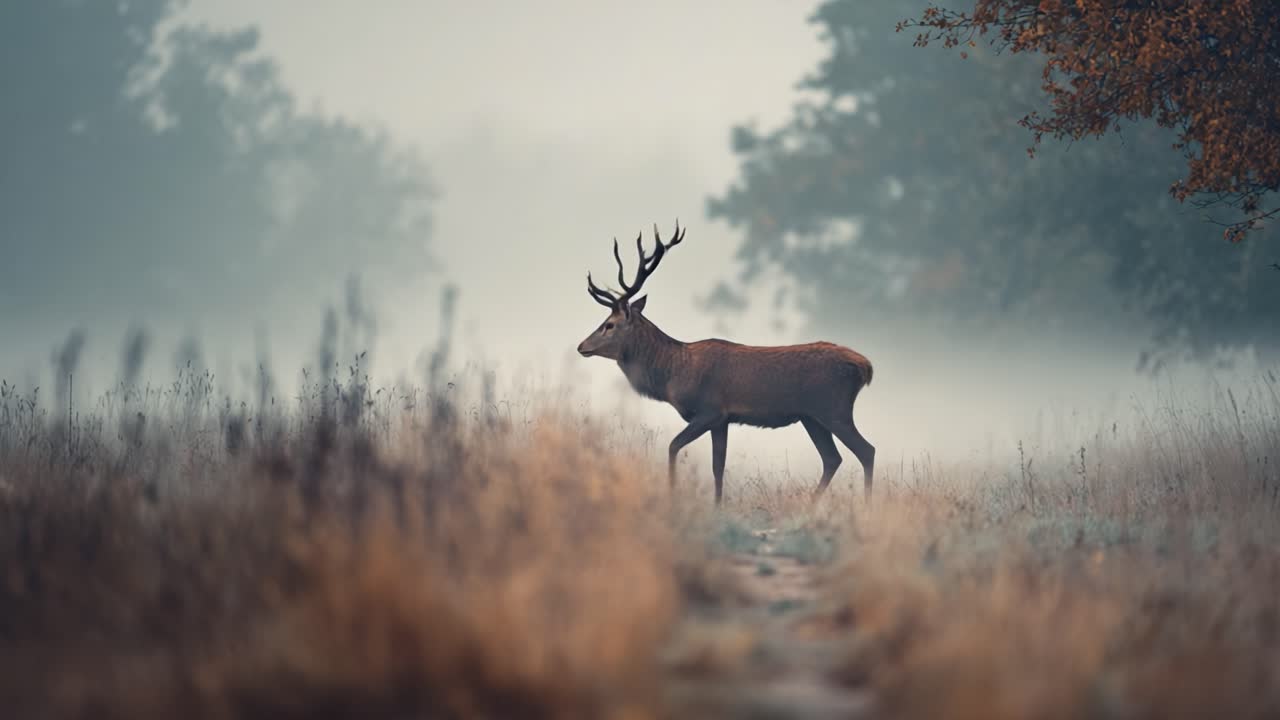 A Majestic Stag Walks Gracefully Through Misty Fields, Illuminated by Soft Morning Light, Capturing the Serenity of Nature's Untamed Beauty