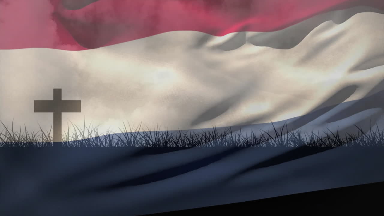 Waving flag with red, white, blue stripes, cross silhouette and grass animation