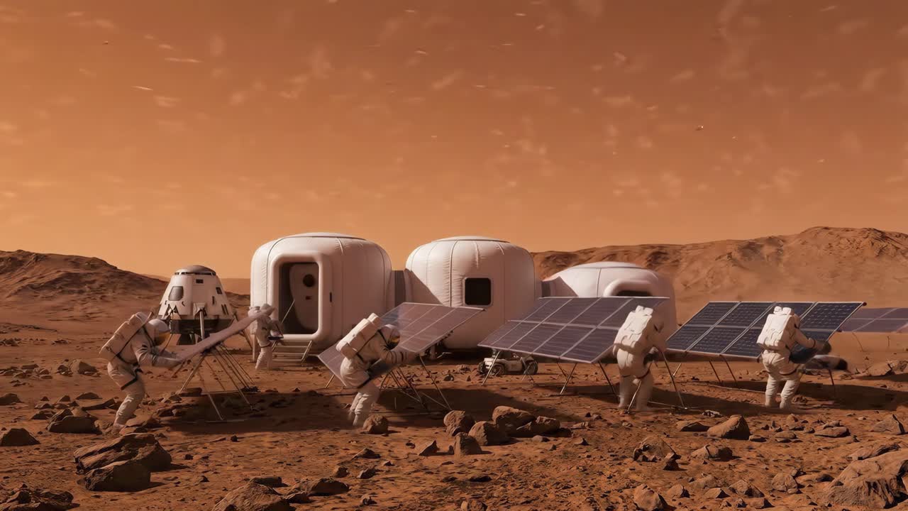 Nopeutettu video astronauteista perustamassa Mars-tukikohtaa aurinkopaneeleineen