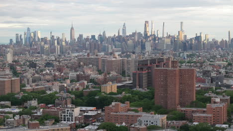 aerial view of bedford-stuyvesant on an overcast morning. shot with the manhattan skyline in the background