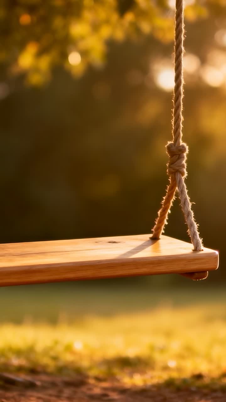 Video verticale: altalena di legno oscillante con nodo di corda che dondola nel parco, brezza leggera, bokeh tremolante