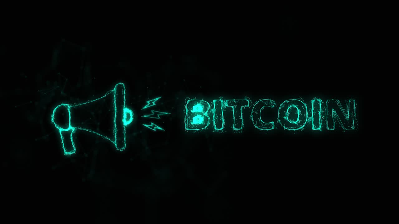 megafono banner con texto bitcoin. estilo plexus de puntos y líneas brillantes azules
