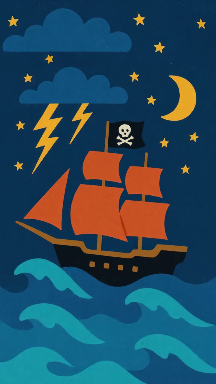 Whimsical pirate ship illustration with bold colors, seen from a low angle