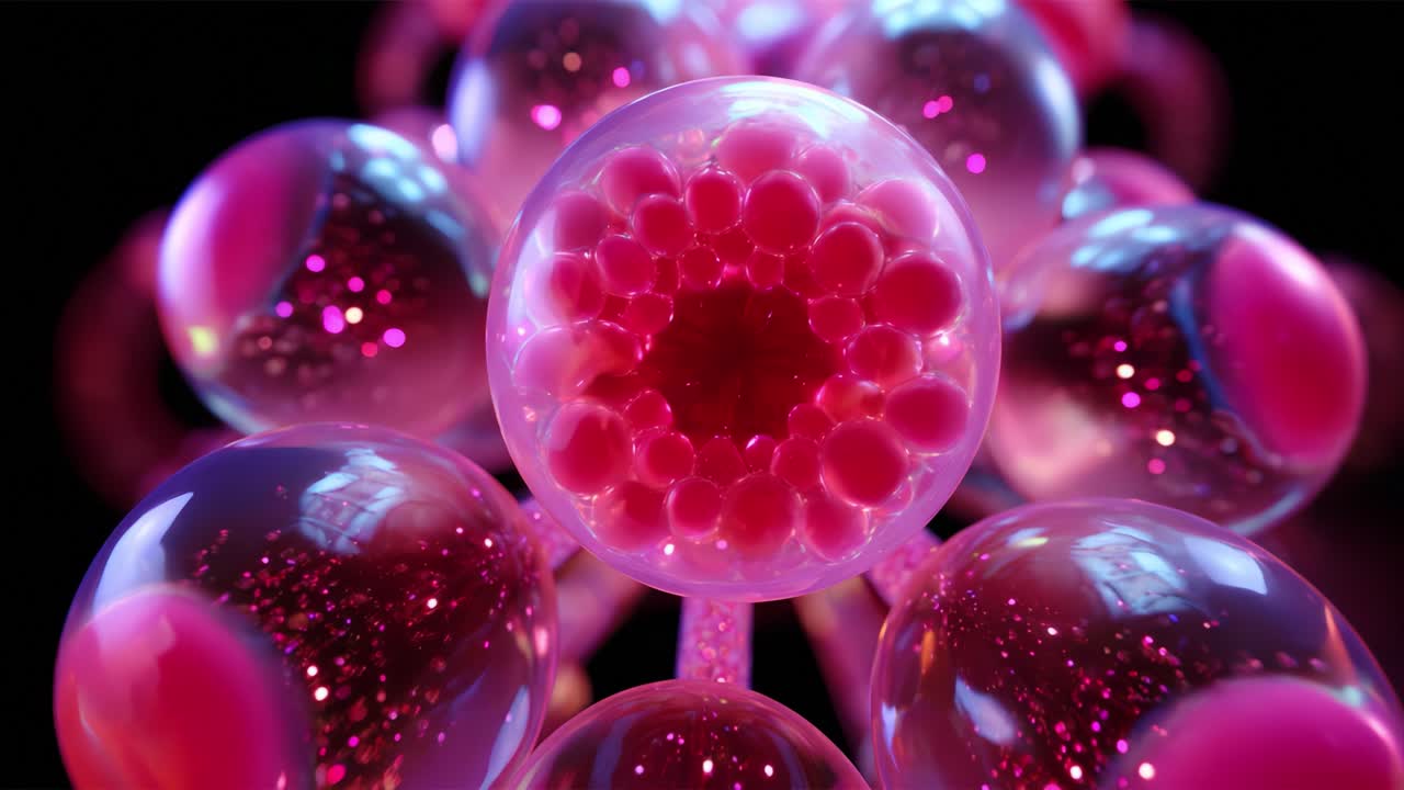 A mesmerizing close-up exploration of luminous pink bubbles, showcasing intricate surface patterns and vibrant textures, with a focus on the central sphere surrounded by its radiant, glowing companions