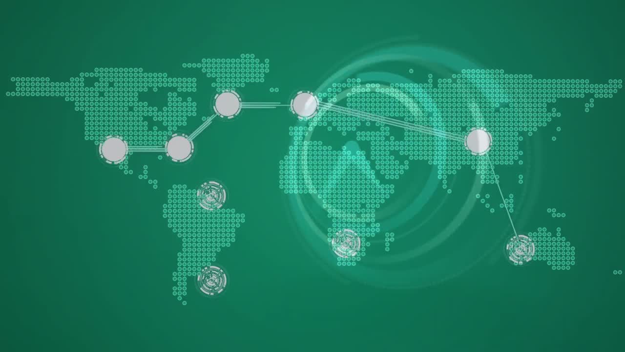 연결 네트워크의 애니메이션과 시계에 대한 세계 지도가 빠르게 움직입니다.