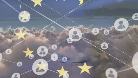 animation of connected icons with lines, europe flag over dense clouds in background