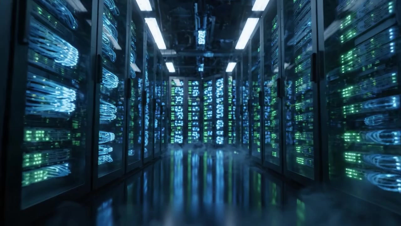 Et indblik i hjertet af moderne datacentre: Udforskning af de udstrakte serverracks og avanceret kabelinfrastruktur.