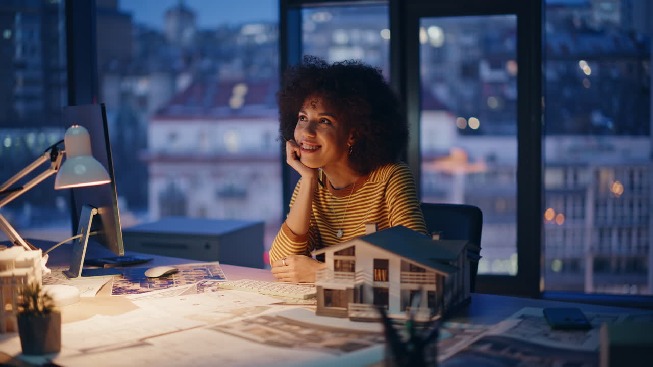 Woman realtor thinking marketing strategy at dark real estate office closeup