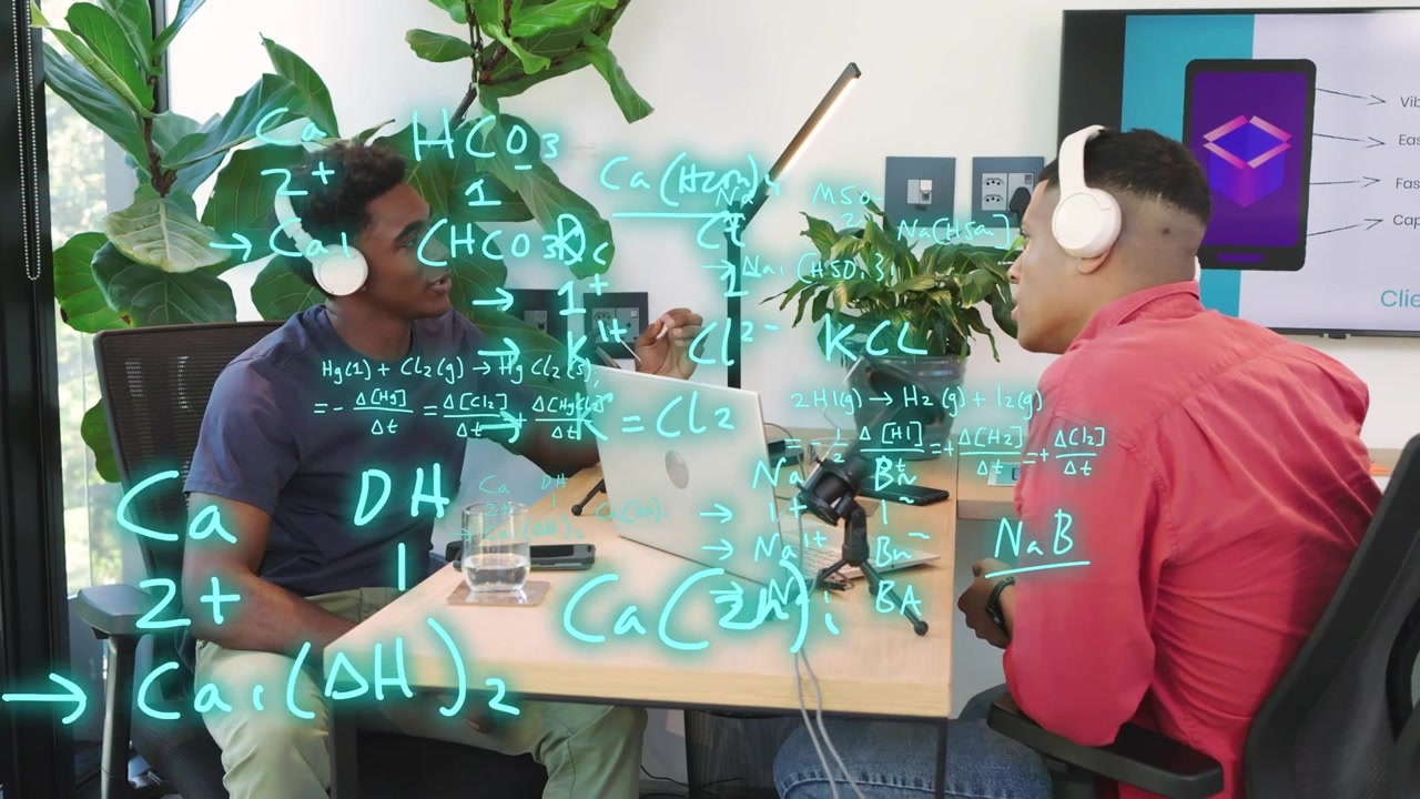 Two men speaking into mic and gesturing toward laptop, overlaying chemistry notes for education