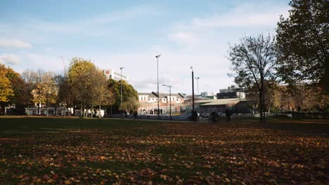 Devonshire-Green-Park-Sheffield-South-Yorkshire-Día-Soleado,-Espacio-Público-Parque-De-Patinaje-Hojas-De-Otoño