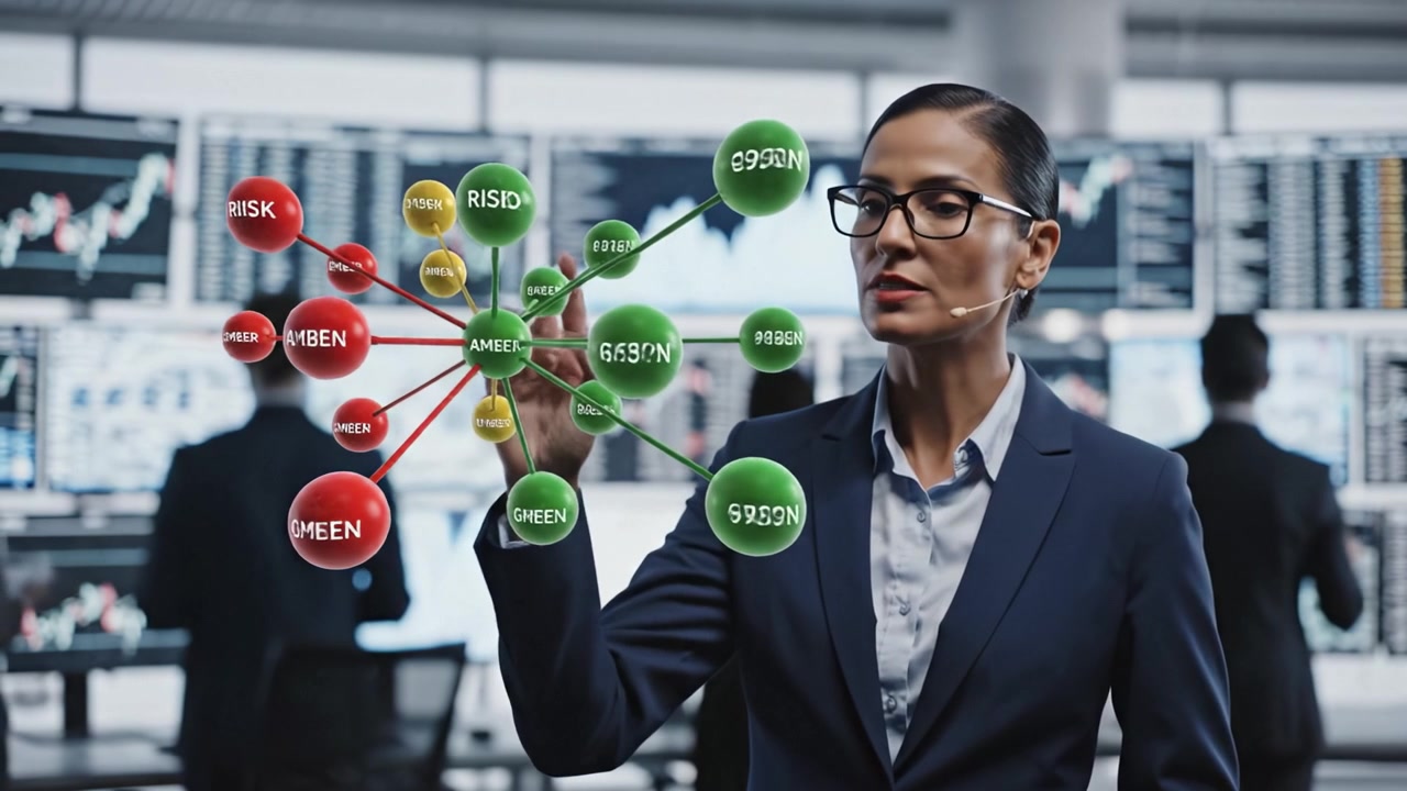 Expert Analyst Presenting Market Data with Visual Connections in a High-Tech Financial Environment for Enhanced Trading Insight and Decision Making