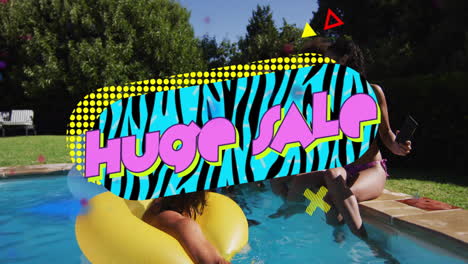 colorful huge sale text animation over people enjoying swimming pool on sunny day