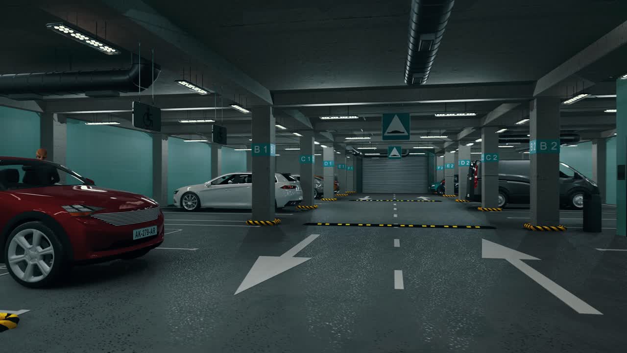 Underground parking with cars. Modern underground parking. Indoor full modern parking. Underground Parking Garage Scene
