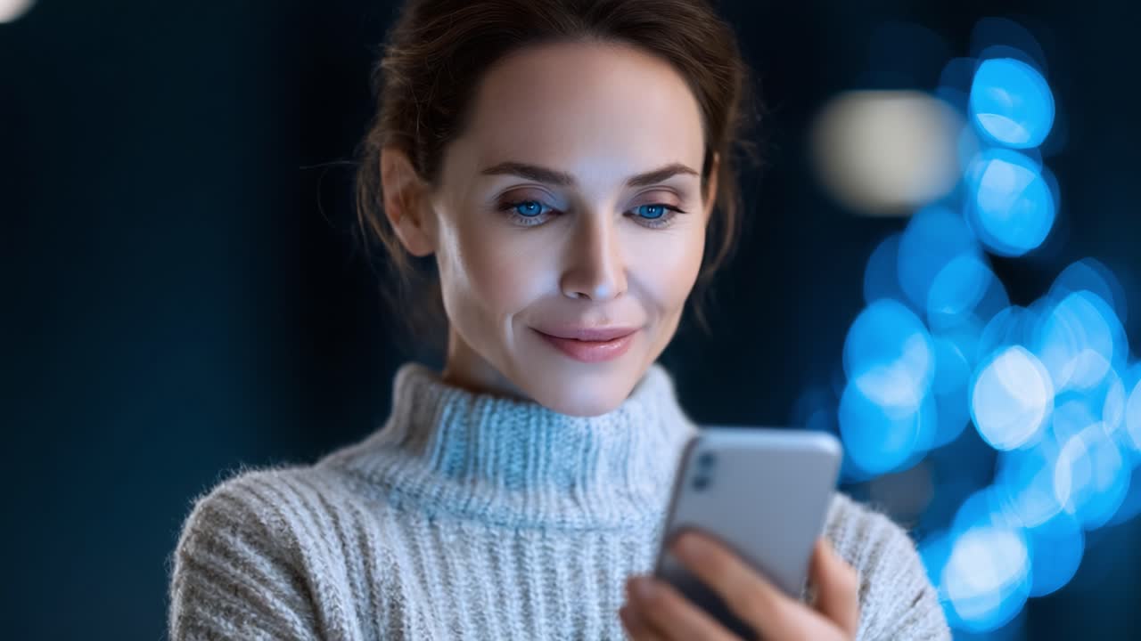 A woman dressed in a cozy sweater interacts with her smartphone, displaying a thoughtful expression as she engages with the digital world amidst a softly lit background