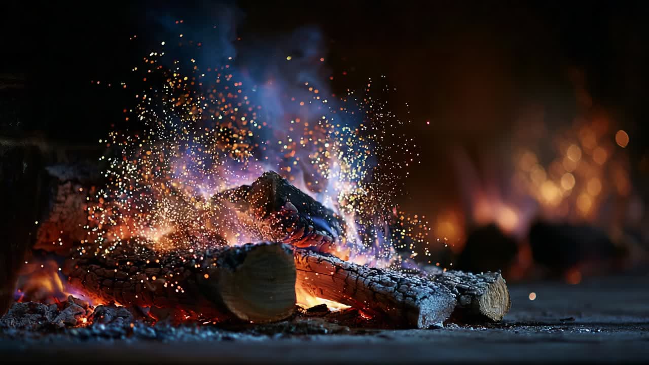 A mesmerizing display of crackling embers and vibrant sparks igniting from burning logs, showcasing the beauty of fire in a warm and inviting atmosphere, perfect for relaxation and ambiance creation